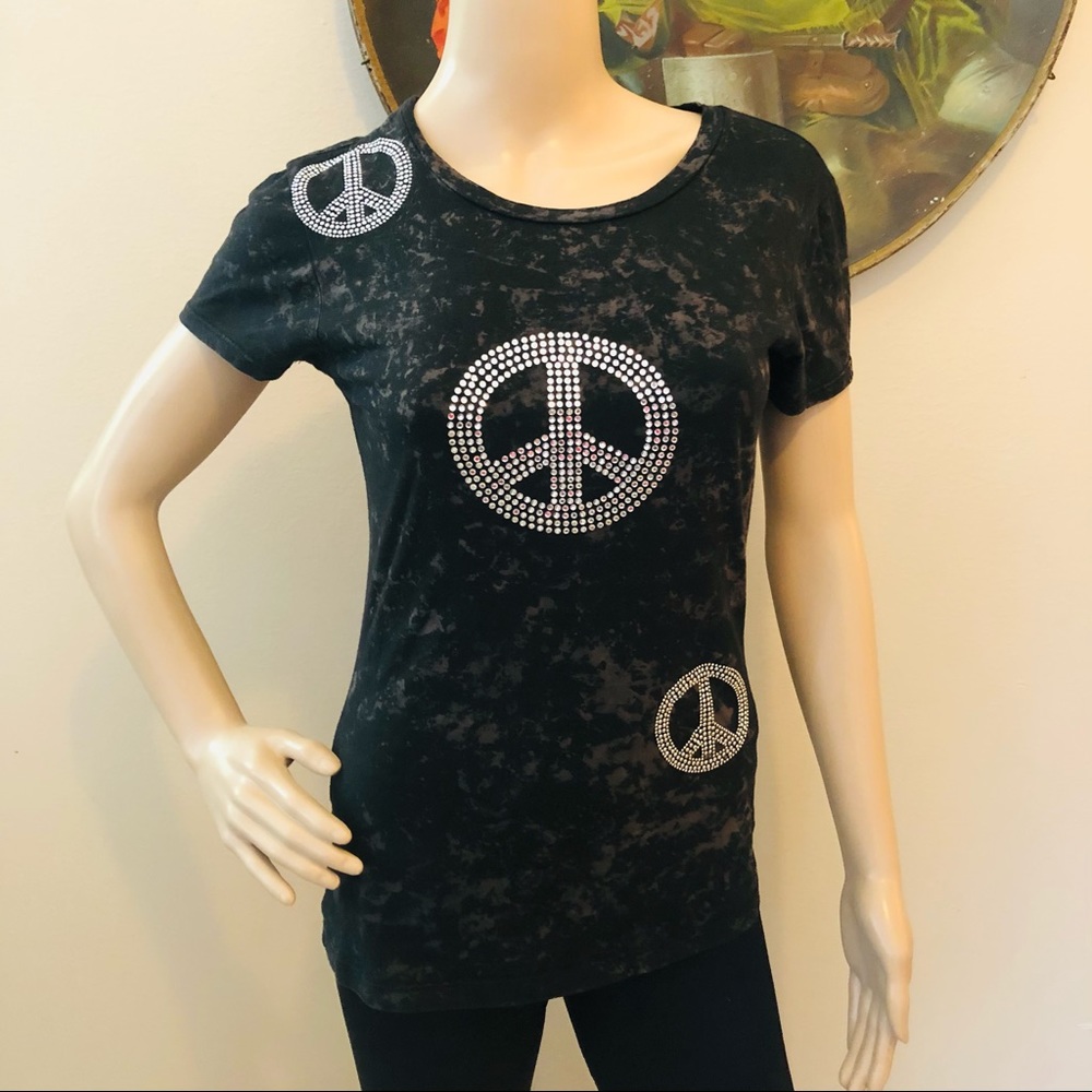 Y2K Vintage Kavio Black Acid Wash Rhinestone Peace Sign Burnout Graphic Tee